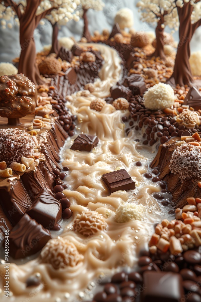 A chocolate fantasy river, flowing with creamy white chocolate, through a lush forest made of chocolate candies, truffles, and other delicious treats A chocolate fantasy river, flowing with creamy white chocolate, through a lush forest made of chocolate candies, truffles, and other delicious treats