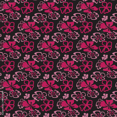 Hot pink color flower motif seamless pattern with black background
