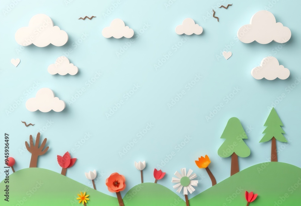 Paper craft landscape with clouds, trees, and flowers. Paper craft landscape with clouds, trees, and flowers.