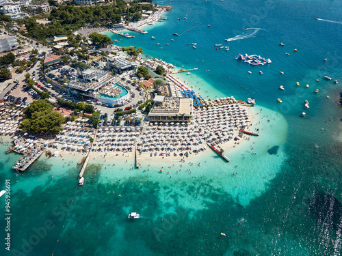 Aerial drone view of Ksamil, its beaches, islands and beautiful turqoise sea, Sarande, Adriatic Sea, Albania.