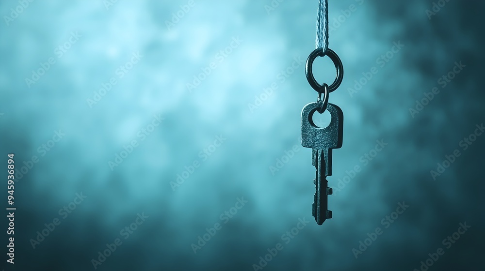 Conceptual image of a key suspended in mid air hanging from an invisible thread with ample empty space for copy or text overlay This minimalist and abstract visual represents ideas opportunities Conceptual image of a key suspended in mid air hanging from an invisible thread with ample empty space for copy or text overlay This minimalist and abstract visual represents ideas opportunities
