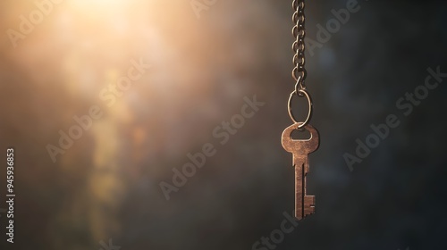 Conceptual minimalist image of a key hanging from an invisible thread representing ideas opportunities and the unseen potential for growth and success The simple