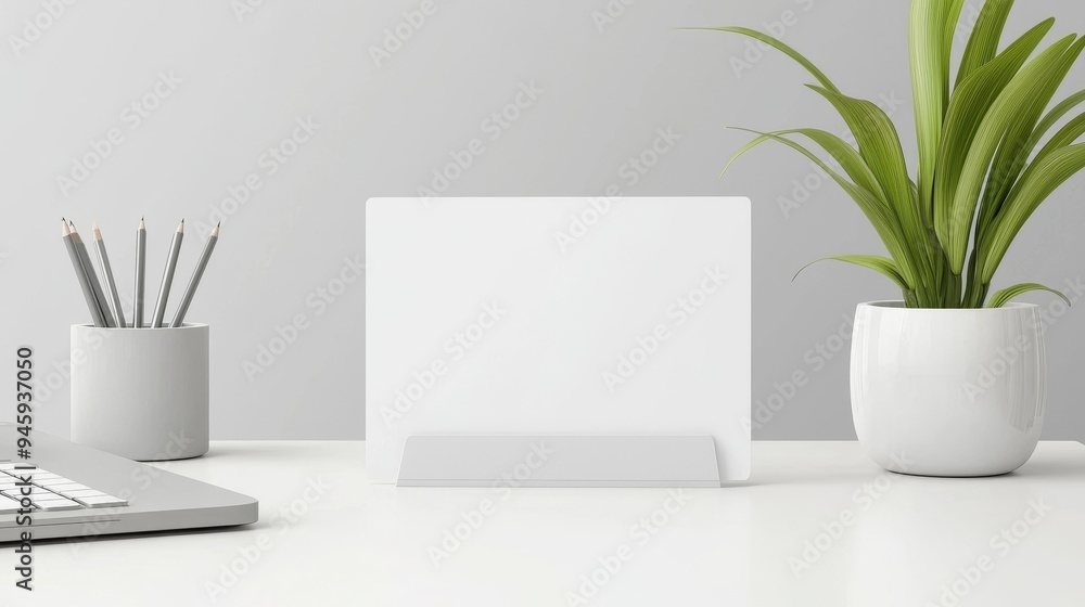 A clean, simple business card mock-up displayed in a holder on a minimalist desk A clean, simple business card mock-up displayed in a holder on a minimalist desk