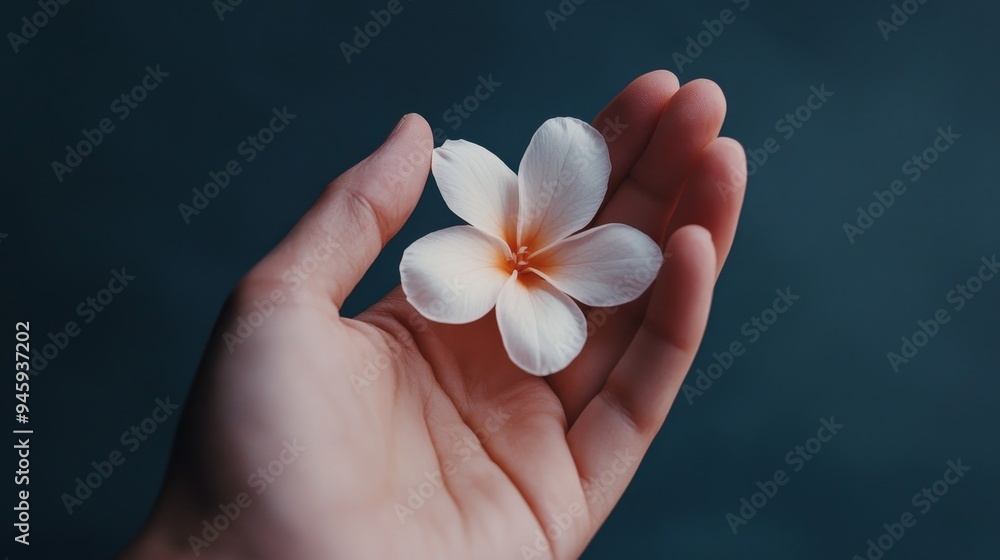 A hand holding a delicate flower, with soft petals contrasting against the skin A hand holding a delicate flower, with soft petals contrasting against the skin