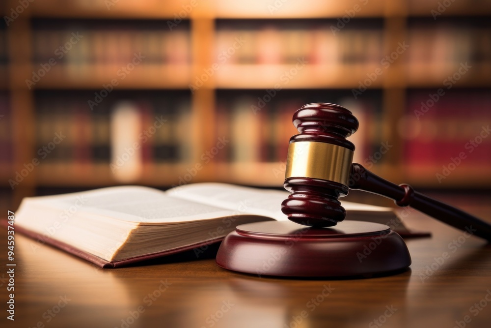Wooden judge gavel on a law book publication courthouse bookshelf. Wooden judge gavel on a law book publication courthouse bookshelf.