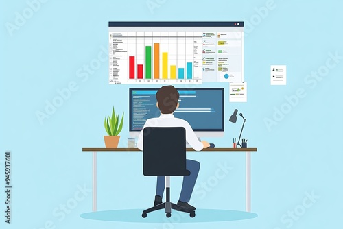 A businessman working on a computer at his desk. He is looking at a screen with a chart and data, suggesting he is analyzing information or working on a project. There is a potted plant on the desk.