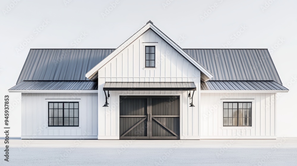 A modern farmhouse with a white exterior and a metal roof, featuring large wooden doors. A modern farmhouse with a white exterior and a metal roof, featuring large wooden doors.