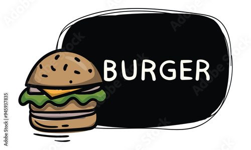 Simple black hand drawn label with burger. Vector template for price tag, label, sticker. Menu design for cafes, restaurants