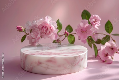 Marble stand, pedestal, podium for cosmetics, advertising and product presentation with delicate rose flowers on plain pink background. Minimalistic mockup for your design