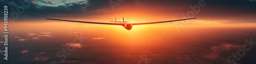 Glider Soaring in the Vibrant Sunset Sky Above Clouds, Creating a Peaceful and Majestic Aerial Scene Full of Warmth and Freedom photo