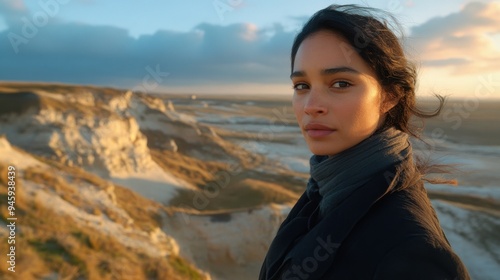 Serene Portrait of Young Woman at Sunset on Coastal Cliffs