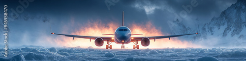 Commercial Airplane Taking Off from Snowy Runway at Dusk with Fiery Horizon, Adventure and Bold Atmosphere, Intense Mood