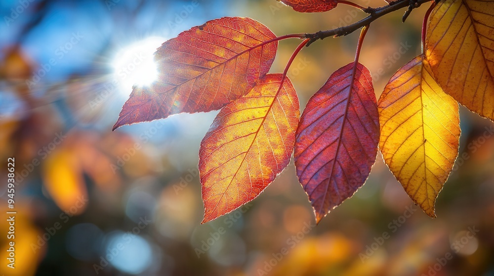 Close-Up of Vibrant Autumn Leaves with Golden and Red Hues - Macro Photography with Sunlight and Detailed Texture. AI generated illustration