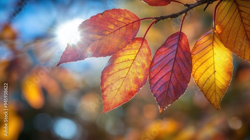 Obraz na płótnie Close-Up of Vibrant Autumn Leaves with Golden and Red Hues - Macro Photography with Sunlight and Detailed Texture. AI generated illustration w salonie