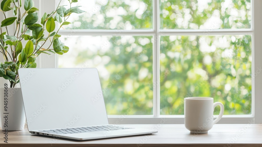A serene workspace featuring a laptop and coffee cup by a window with lush greenery, perfect for a productive day. A serene workspace featuring a laptop and coffee cup by a window with lush greenery, perfect for a productive day.