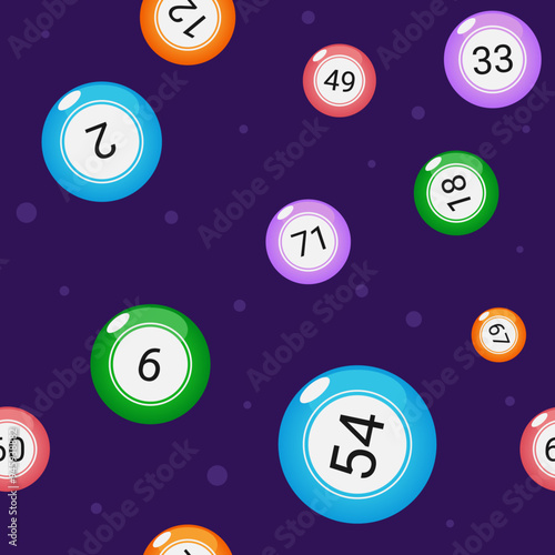 Fun bingo pattern with multicolored number balls on the dark purple background. Seamless vector ornament for banners, posters, packets, covers.