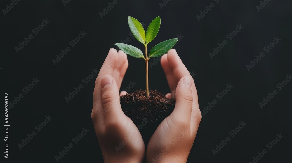 A pair of hands cradling a small seedling, symbolizing growth and care A pair of hands cradling a small seedling, symbolizing growth and care