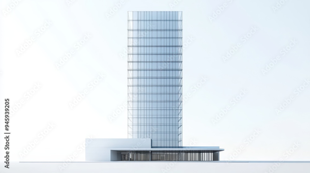 Obraz premium A modern glass skyscraper with a minimalist design and a prominent entrance.