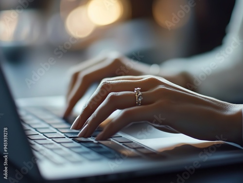 Elegant businesswoman expertly types on a laptop, immersed in office work, showcasing professionalism and dedication. Office productivity and technology integration concepts. photo