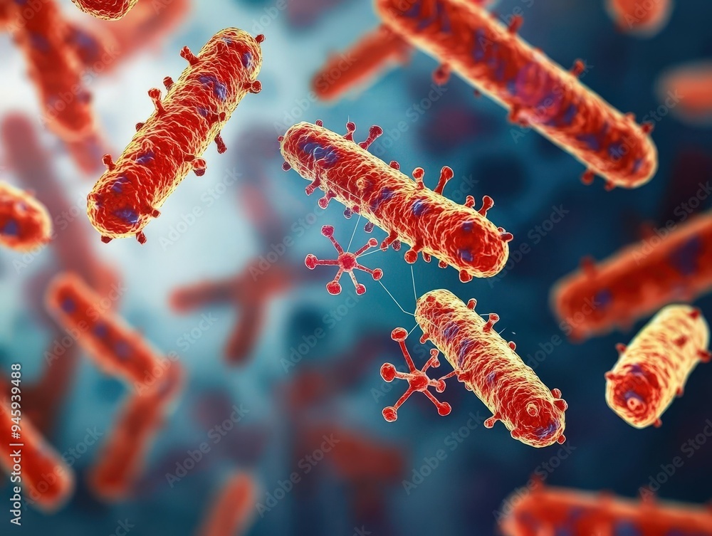 A high resolution image showing the microscopic growth of bacteria due to cross contamination, leading to potential infections, with labels and diagrams explaining the process A high resolution image showing the microscopic growth of bacteria due to cross contamination, leading to potential infections, with labels and diagrams explaining the process