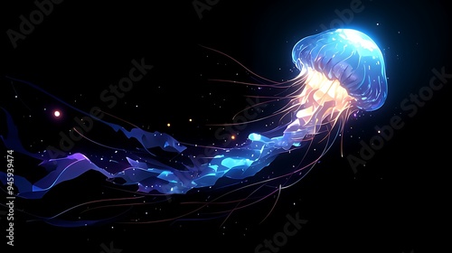 A Vibrant Blue Jellyfish with Glowing Tentacles in a Dark Void