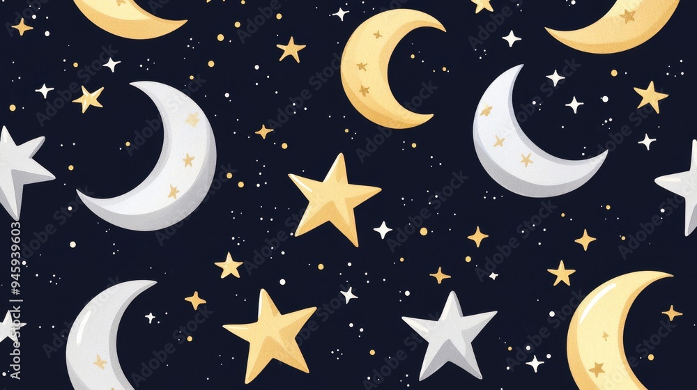 A pattern of hand-drawn stars and moons in gold and silver, set against a deep navy background A pattern of hand-drawn stars and moons in gold and silver, set against a deep navy background