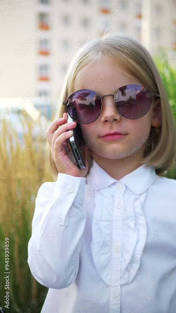 Vertical, A little girl wearing sunglasses and talking on a cell phone, looking confident and cheerful near the business center. Business woman. Smiling business entrepreneur with phone inch. A young Vertical, A little girl wearing sunglasses and talking on a cell phone, looking confident and cheerful near the business center. Business woman. Smiling business entrepreneur with phone inch. A young