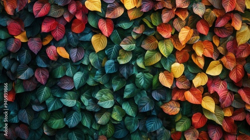 Colorful Autumn Leaves on Green Wall Texture Background - Top View Fall Foliage Pattern. AI generated illustration