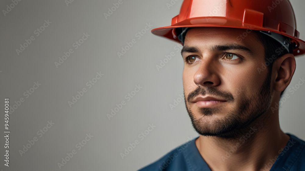 A worker portrait with Red helmet on white background Happy labor day celebration A Labor with copy space background banner A worker portrait with Red helmet on white background Happy labor day celebration A Labor with copy space background banner