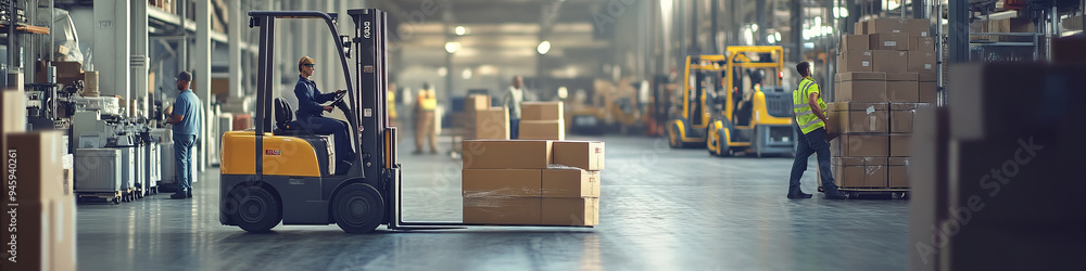 Warehouse with Workers and Yellow Forklifts Handling Packages, Busy and Organized Industrial Environment Warehouse with Workers and Yellow Forklifts Handling Packages, Busy and Organized Industrial Environment