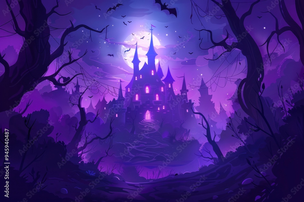 Scary Halloween castle at night. Vector illustration. Dark forest, bats, old castle. Halloween holiday card Scary Halloween castle at night. Vector illustration. Dark forest, bats, old castle. Halloween holiday card