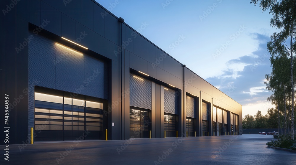 Modern Warehouse Exterior with Gray Steel Walls and Large Garage Doors - Photorealistic View at Golden Hour. AI generated illustration Modern Warehouse Exterior with Gray Steel Walls and Large Garage Doors - Photorealistic View at Golden Hour. AI generated illustration