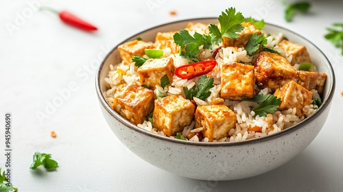 Delicious Bowl of Rice with Fried Tofu, Chili Pepper and Parsley