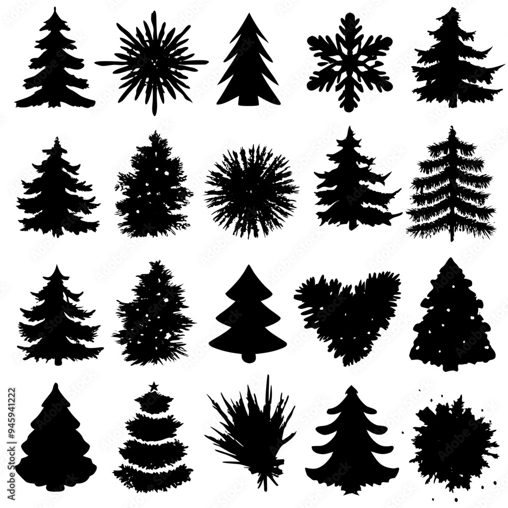 Obraz premium A collection of silhouettes depicting various Christmas trees and snowflakes