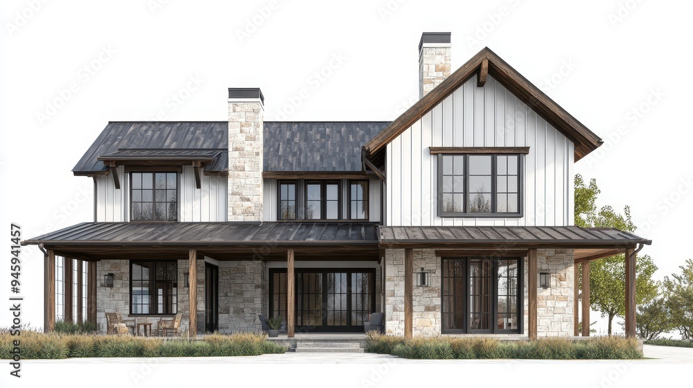 A modern house featuring a blend of stone and wood elements with a welcoming porch. A modern house featuring a blend of stone and wood elements with a welcoming porch.