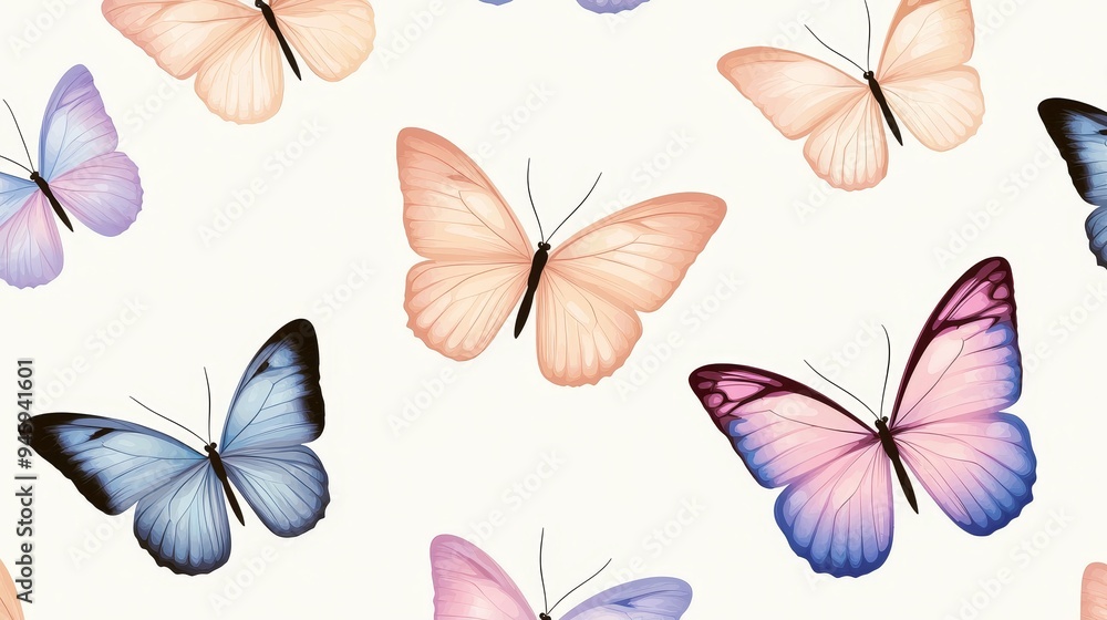 Obraz premium A seamless pattern of delicate butterflies in pastel colors, fluttering across a light background