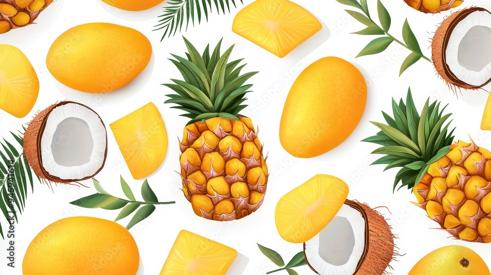 A seamless pattern of tropical fruits like pineapples, mangoes, and coconuts, set against a bright background A seamless pattern of tropical fruits like pineapples, mangoes, and coconuts, set against a bright background