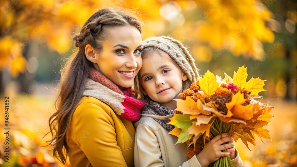 mother with child in the park close-up, family on a walk in yellow autumn mother with child in the park close-up, family on a walk in yellow autumn