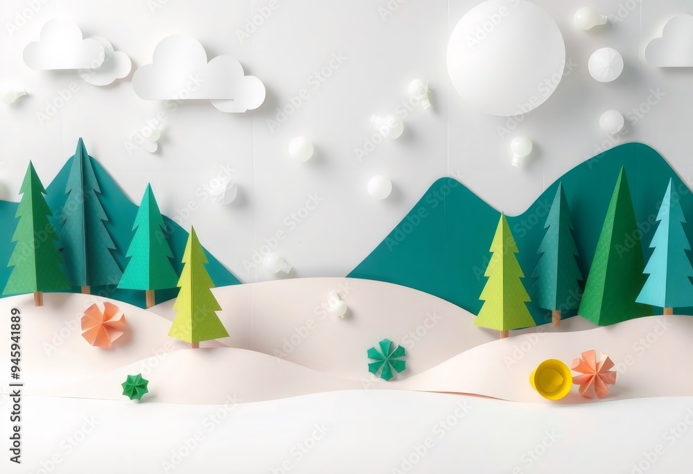Paper craft winter scene with green trees, white clouds, and a turquoise hill. Paper craft winter scene with green trees, white clouds, and a turquoise hill.