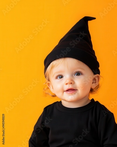 Imaginative Halloween outfit for a toddler, festive and fun, isolated on orange background