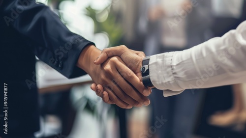 Picture of people hand shaking for business or job in teamwork concept. Friendly atmosphere for strategy management. Working of company team under cooperation together work for organization. AIG53.