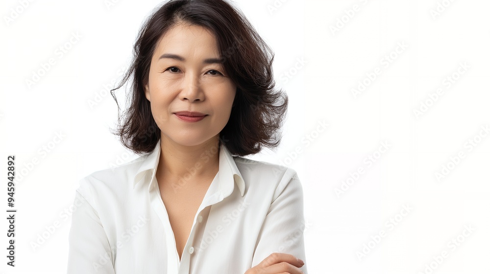 Professional portrait of a confident woman in a white shirt against a light background. Professional portrait of a confident woman in a white shirt against a light background.