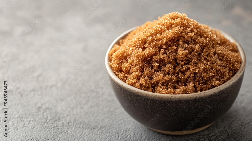 Closeup of Brown Sugar in Bowl on Grey Table, Space for Text Closeup of Brown Sugar in Bowl on Grey Table, Space for Text