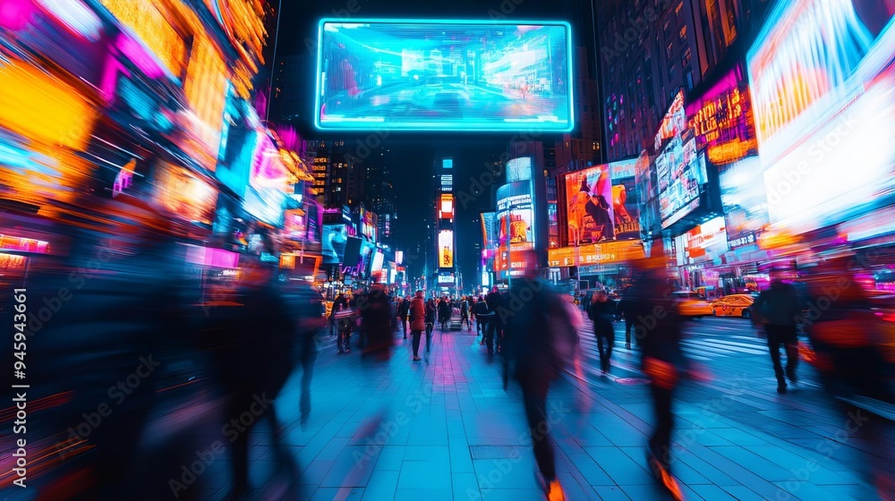 Futuristic holographic billboard above busy street, pedestrians in motion, vibrant city lights, cyberpunk aesthetic Futuristic holographic billboard above busy street, pedestrians in motion, vibrant city lights, cyberpunk aesthetic