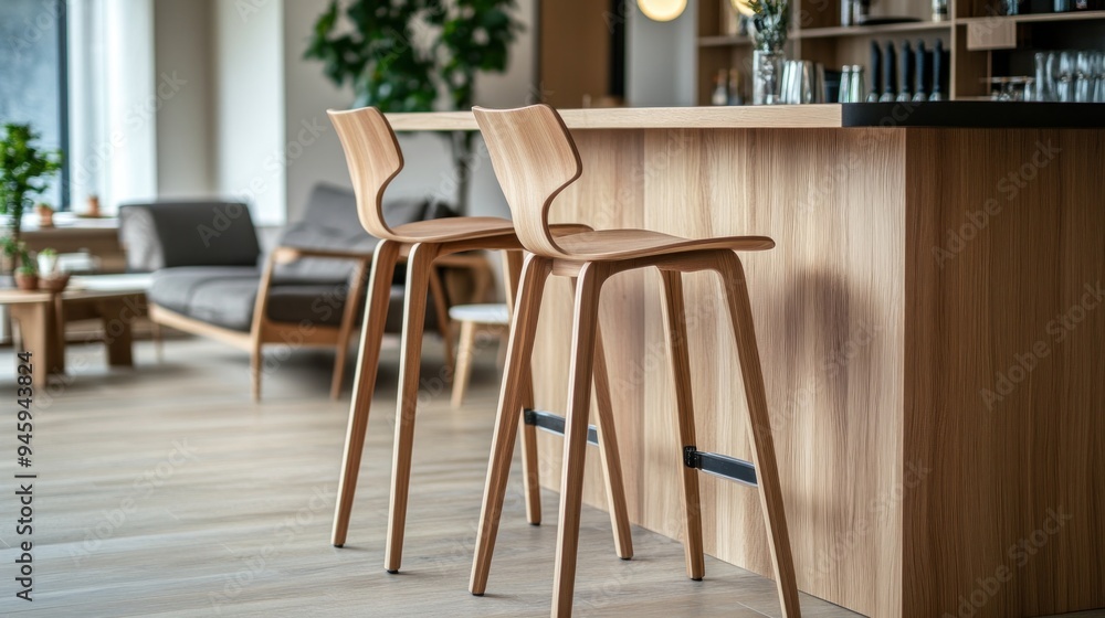 Wooden Bar Stools in a Modern Interior Wooden Bar Stools in a Modern Interior
