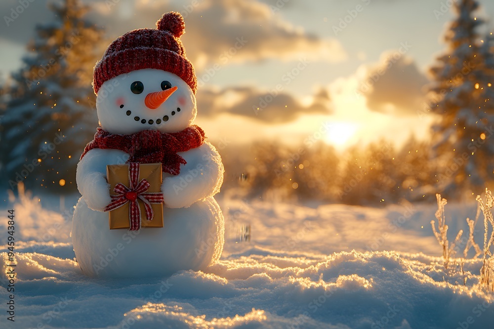 Obraz premium Snowman Holding a Small Wrapped Christmas Gift, Standing in a Snowy Landscape
