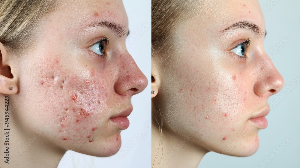 Obraz premium Young girl with skin lesions, acne, blackheads before treatment and after. two photos. in profile