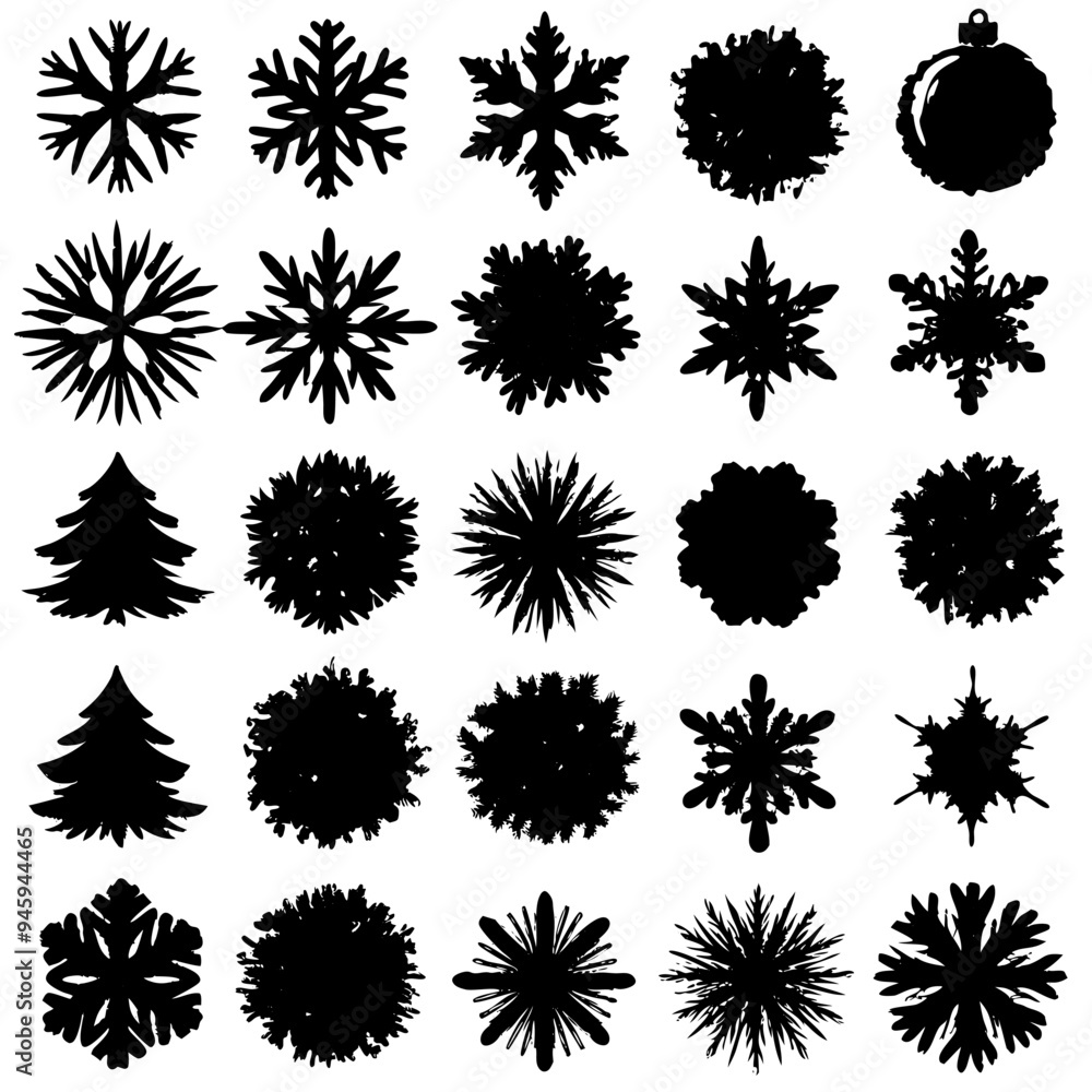 Silhouettes of snowflakes and trees on a white background Silhouettes of snowflakes and trees on a white background