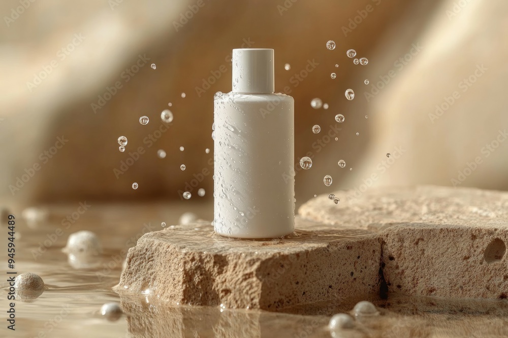 Sunscreen or body lotion bottle on podium in splashing water, UV protection. Skin care lotion, beauty cosmetic cream, white mockup tube on white background, 3d illustration, product advertising presen Sunscreen or body lotion bottle on podium in splashing water, UV protection. Skin care lotion, beauty cosmetic cream, white mockup tube on white background, 3d illustration, product advertising presen