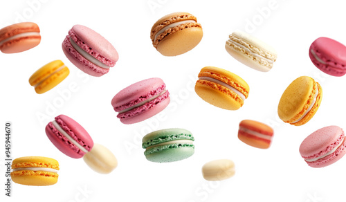 Various colorful of macarons floating on the air , PNG  photo